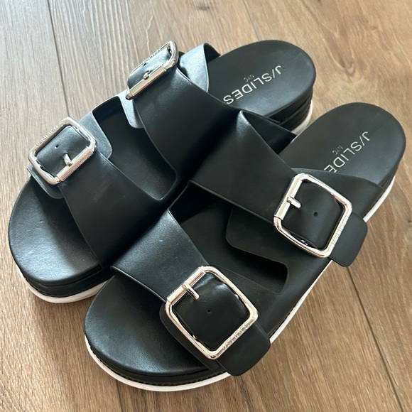 J Slides Black Platform Double Strap Silver Buckle Slide Sandals SIZE 9 - Picture 1 of 7